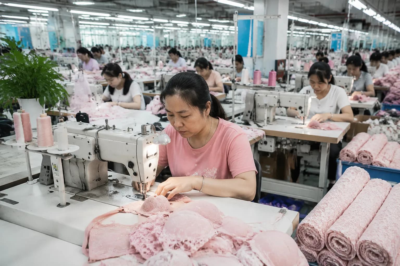 Sewing floor at the Velora Intimates lingerie factory in Shantou, China